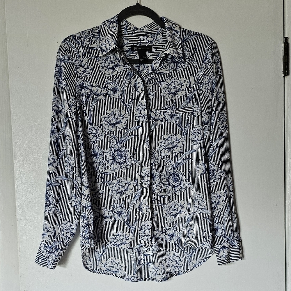 INC striped floral long-sleeve sleeve button-down business casual office shirt